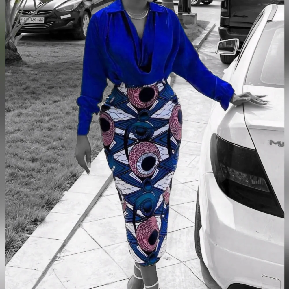 NWT 2 PC ROYAL BLUE PRINT SKIRT SET